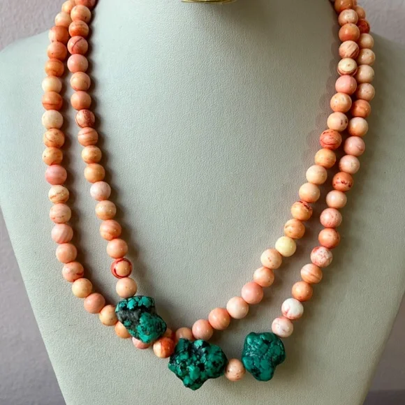 VINTAGE ANGEL SKIN CORAL &LARGE TURQUOISE BEADS LONG NECKLACE UNIQUE COLOR COMBO